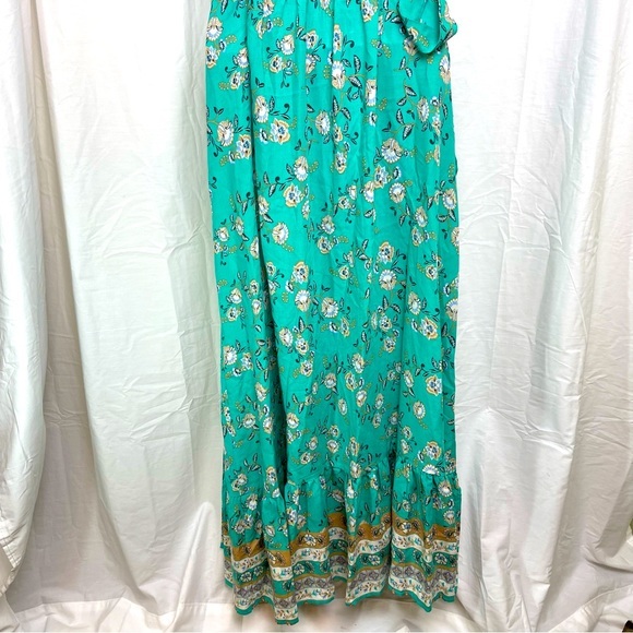Zesica Teal Bohemian Floral Maxi Wrap Summer‎ Dress RuffleBottom Rayon Sz.Large - Picture 9 of 14